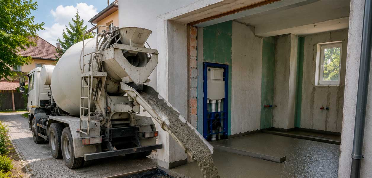 Производство и доставка бетона для ванной комнаты с подачей внутрь здания